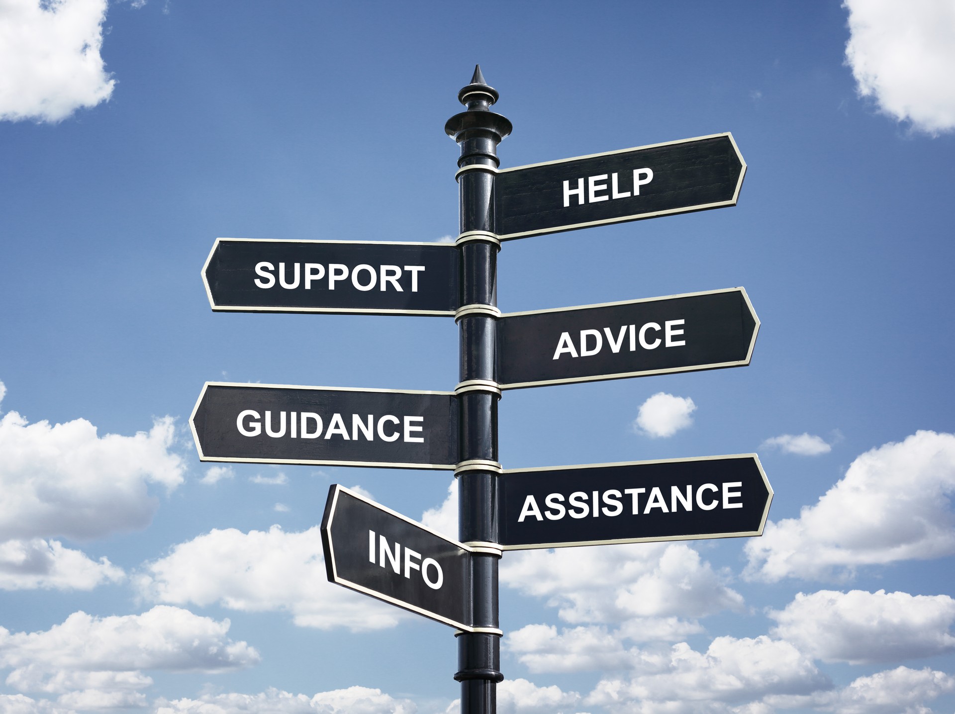 Help, support, advice, guidance, assistance and info crossroad signpost